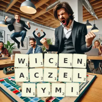 Kreatywna ilustracja do gry w Scrabble ze słowem WICENACZELNYMI ułożonym z płytek na planszy.