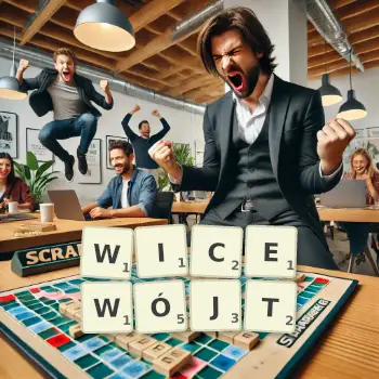 Kreatywna ilustracja do gry w Scrabble ze słowem WICEWÓJT ułożonym z płytek na planszy.