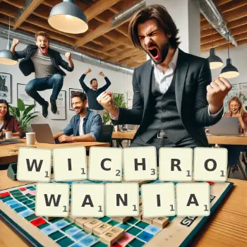 Kreatywna ilustracja do gry w Scrabble ze słowem WICHROWANIA ułożonym z płytek na planszy.