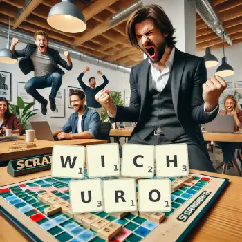 Kreatywna ilustracja do gry w Scrabble ze słowem WICHURO ułożonym z płytek na planszy.