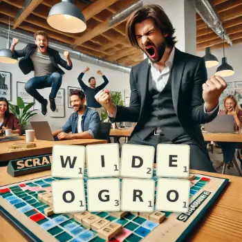 Kreatywna ilustracja do gry w Scrabble ze słowem WIDEOGRO ułożonym z płytek na planszy.