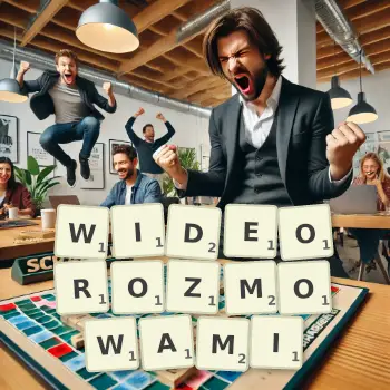 Kreatywna ilustracja do gry w Scrabble ze słowem WIDEOROZMOWAMI ułożonym z płytek na planszy.