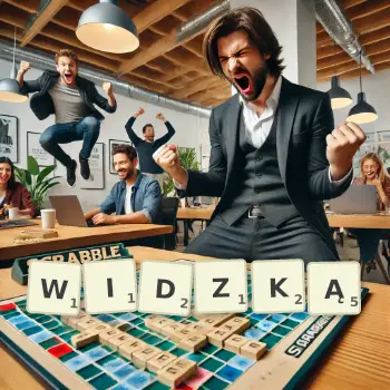 Kreatywna ilustracja do gry w Scrabble ze słowem WIDZKĄ ułożonym z płytek na planszy.
