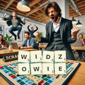 Kreatywna ilustracja do gry w Scrabble ze słowem WIDZOWIE ułożonym z płytek na planszy.
