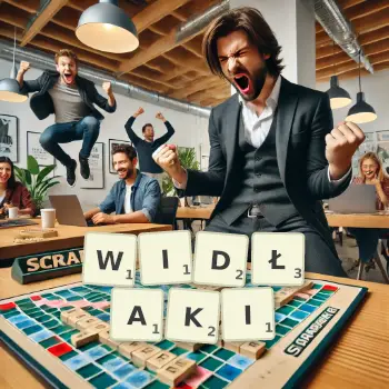 Kreatywna ilustracja do gry w Scrabble ze słowem WIDŁAKI ułożonym z płytek na planszy.