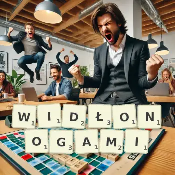 Kreatywna ilustracja do gry w Scrabble ze słowem WIDŁONOGAMI ułożonym z płytek na planszy.