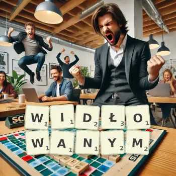 Kreatywna ilustracja do gry w Scrabble ze słowem WIDŁOWANYM ułożonym z płytek na planszy.