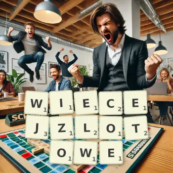 Kreatywna ilustracja do gry w Scrabble ze słowem WIECEJZLOTOWE ułożonym z płytek na planszy.