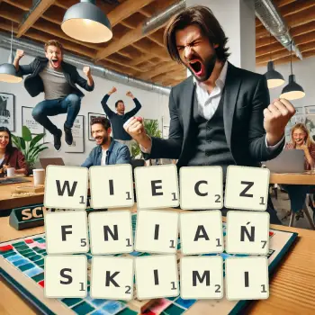 Kreatywna ilustracja do gry w Scrabble ze słowem WIECZFNIAŃSKIMI ułożonym z płytek na planszy.