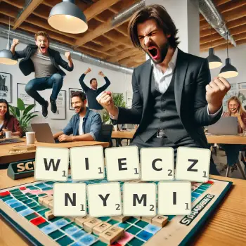 Kreatywna ilustracja do gry w Scrabble ze słowem WIECZNYMI ułożonym z płytek na planszy.