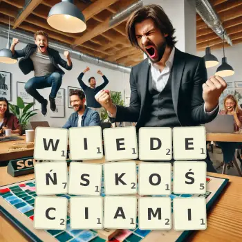 Kreatywna ilustracja do gry w Scrabble ze słowem WIEDEŃSKOŚCIAMI ułożonym z płytek na planszy.