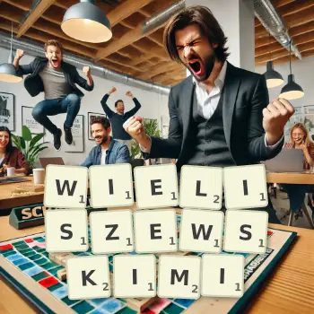 Kreatywna ilustracja do gry w Scrabble ze słowem WIELISZEWSKIMI ułożonym z płytek na planszy.