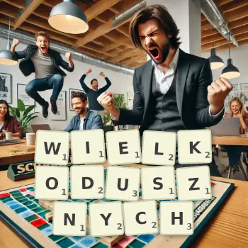 Kreatywna ilustracja do gry w Scrabble ze słowem WIELKODUSZNYCH ułożonym z płytek na planszy.