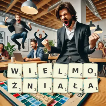 Kreatywna ilustracja do gry w Scrabble ze słowem WIELMOŻNIAŁA ułożonym z płytek na planszy.
