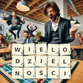 Kreatywna ilustracja do gry w Scrabble ze słowem WIELODZIELNOŚCI ułożonym z płytek na planszy.