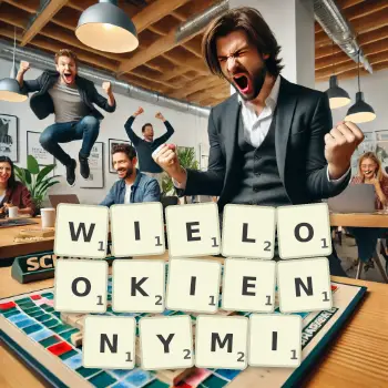 Kreatywna ilustracja do gry w Scrabble ze słowem WIELOOKIENNYMI ułożonym z płytek na planszy.