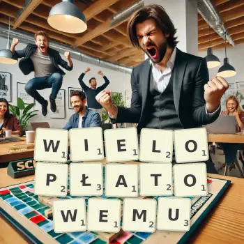 Kreatywna ilustracja do gry w Scrabble ze słowem WIELOPŁATOWEMU ułożonym z płytek na planszy.