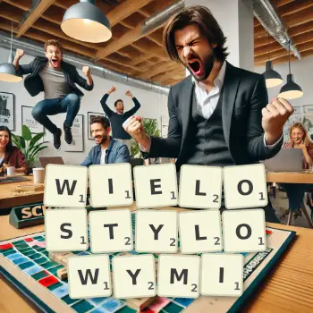 Kreatywna ilustracja do gry w Scrabble ze słowem WIELOSTYLOWYMI ułożonym z płytek na planszy.