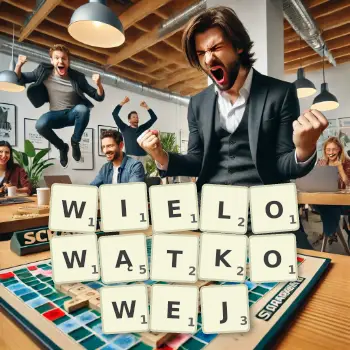 Kreatywna ilustracja do gry w Scrabble ze słowem WIELOWĄTKOWEJ ułożonym z płytek na planszy.