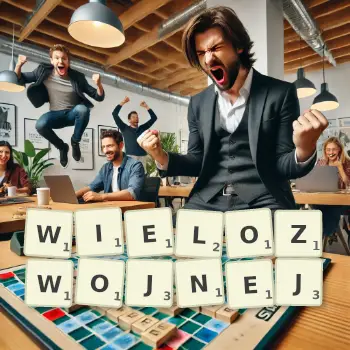Kreatywna ilustracja do gry w Scrabble ze słowem WIELOZWOJNEJ ułożonym z płytek na planszy.
