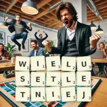 Kreatywna ilustracja do gry w Scrabble ze słowem WIELUSETLETNIEJ ułożonym z płytek na planszy.