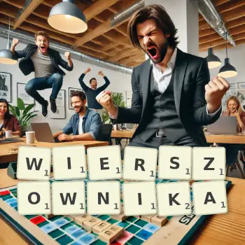 Kreatywna ilustracja do gry w Scrabble ze słowem WIERSZOWNIKA ułożonym z płytek na planszy.