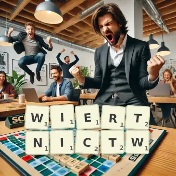 Kreatywna ilustracja do gry w Scrabble ze słowem WIERTNICTW ułożonym z płytek na planszy.