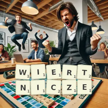 Kreatywna ilustracja do gry w Scrabble ze słowem WIERTNICZE ułożonym z płytek na planszy.