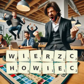 Kreatywna ilustracja do gry w Scrabble ze słowem WIERZCHOWIEC ułożonym z płytek na planszy.