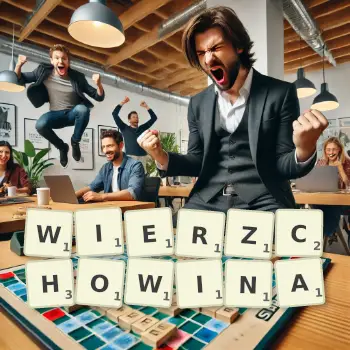 Kreatywna ilustracja do gry w Scrabble ze słowem WIERZCHOWINA ułożonym z płytek na planszy.