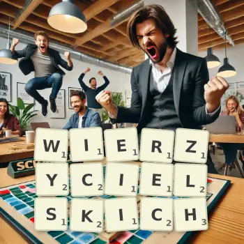 Kreatywna ilustracja do gry w Scrabble ze słowem WIERZYCIELSKICH ułożonym z płytek na planszy.