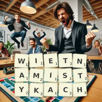 Kreatywna ilustracja do gry w Scrabble ze słowem WIETNAMISTYKACH ułożonym z płytek na planszy.