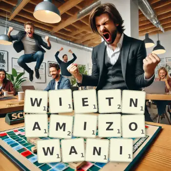 Kreatywna ilustracja do gry w Scrabble ze słowem WIETNAMIZOWANI ułożonym z płytek na planszy.