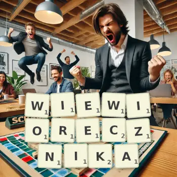 Kreatywna ilustracja do gry w Scrabble ze słowem WIEWIORECZNIKA ułożonym z płytek na planszy.