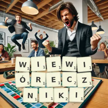 Kreatywna ilustracja do gry w Scrabble ze słowem WIEWIÓRECZNIKI ułożonym z płytek na planszy.