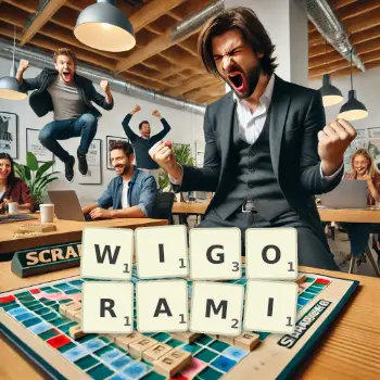 Kreatywna ilustracja do gry w Scrabble ze słowem WIGORAMI ułożonym z płytek na planszy.