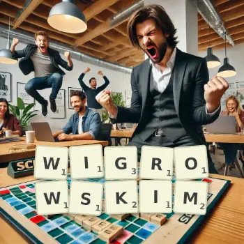 Kreatywna ilustracja do gry w Scrabble ze słowem WIGROWSKIM ułożonym z płytek na planszy.