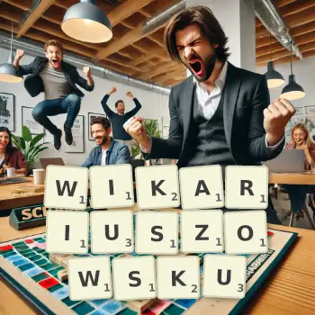 Kreatywna ilustracja do gry w Scrabble ze słowem WIKARIUSZOWSKU ułożonym z płytek na planszy.