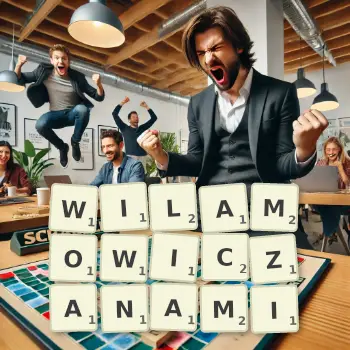 Kreatywna ilustracja do gry w Scrabble ze słowem WILAMOWICZANAMI ułożonym z płytek na planszy.