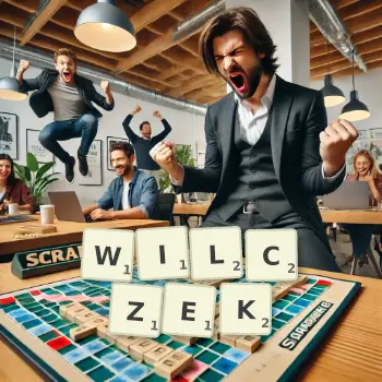 Kreatywna ilustracja do gry w Scrabble ze słowem WILCZEK ułożonym z płytek na planszy.