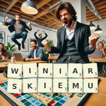 Kreatywna ilustracja do gry w Scrabble ze słowem WINIARSKIEMU ułożonym z płytek na planszy.
