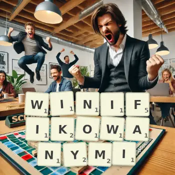 Kreatywna ilustracja do gry w Scrabble ze słowem WINIFIKOWANYMI ułożonym z płytek na planszy.