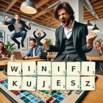 Kreatywna ilustracja do gry w Scrabble ze słowem WINIFIKUJESZ ułożonym z płytek na planszy.