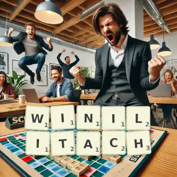 Kreatywna ilustracja do gry w Scrabble ze słowem WINILITACH ułożonym z płytek na planszy.