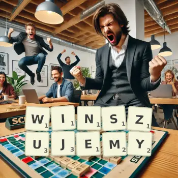 Kreatywna ilustracja do gry w Scrabble ze słowem WINSZUJEMY ułożonym z płytek na planszy.
