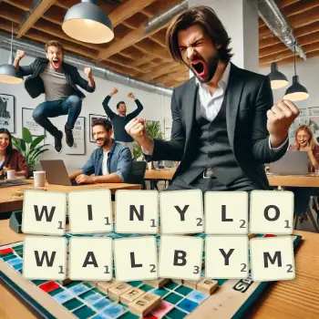 Kreatywna ilustracja do gry w Scrabble ze słowem WINYLOWALBYM ułożonym z płytek na planszy.