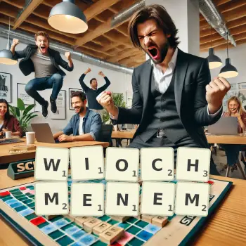 Kreatywna ilustracja do gry w Scrabble ze słowem WIOCHMENEM ułożonym z płytek na planszy.