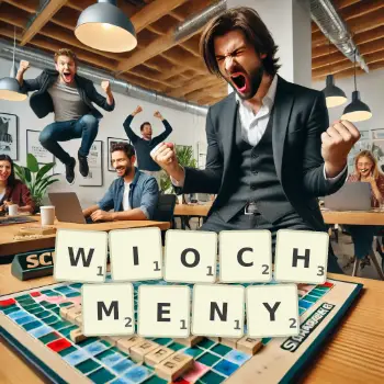 Kreatywna ilustracja do gry w Scrabble ze słowem WIOCHMENY ułożonym z płytek na planszy.