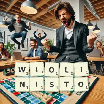 Kreatywna ilustracja do gry w Scrabble ze słowem WIOLINISTO ułożonym z płytek na planszy.