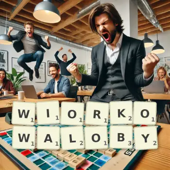Kreatywna ilustracja do gry w Scrabble ze słowem WIORKOWALOBY ułożonym z płytek na planszy.